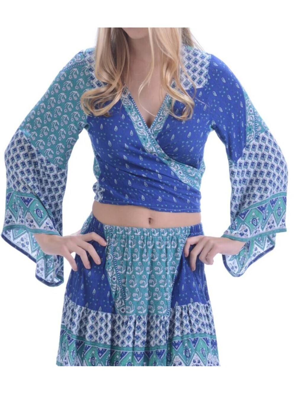 WALKER & WADE blue green pattern wrap blouse sz S